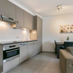 fully equipped kitchen with microwave in serviced apartment brussels canal