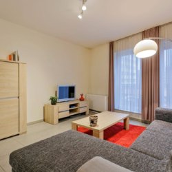 canapé confortable avec télévision par câble dans l'appartement d'une chambre à coucher avec services de madou