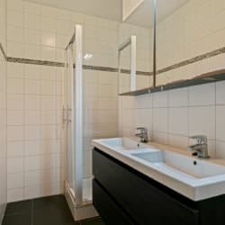 vue sur manhattan, appartement de deux chambres à coucher, salle de bains avec double lavabo et douche