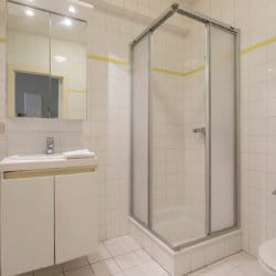 salle de bain avec douche dans l'appartement avec services, avec nettoyage fourni