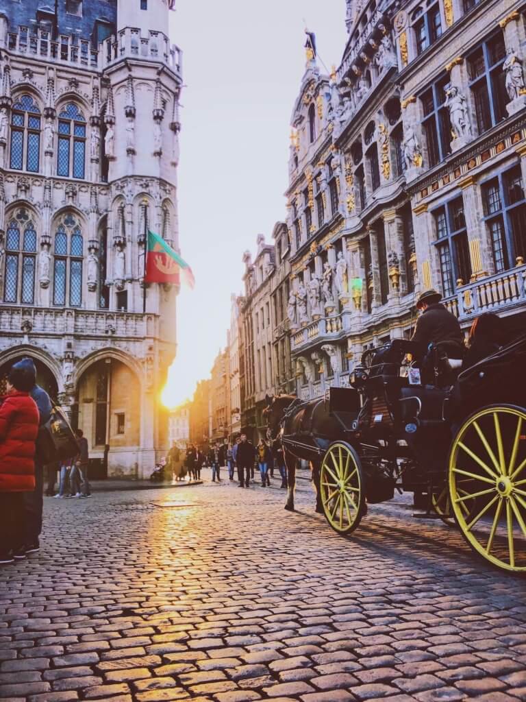 paard en wagen in het centrum van grand place in brussel