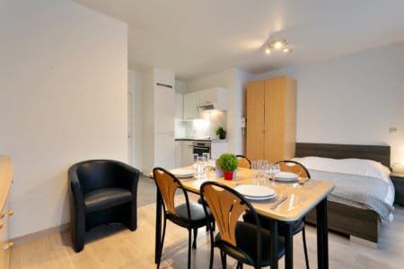 furnished dining room in studio apartment opposite park cinquantenaire