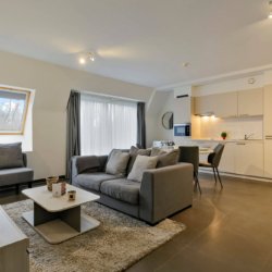 woonkamer met sofa en kabeltelevisie in bbf-appartement met diensten