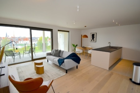 Spacious living room with kitchen with view of the canals of Ghent